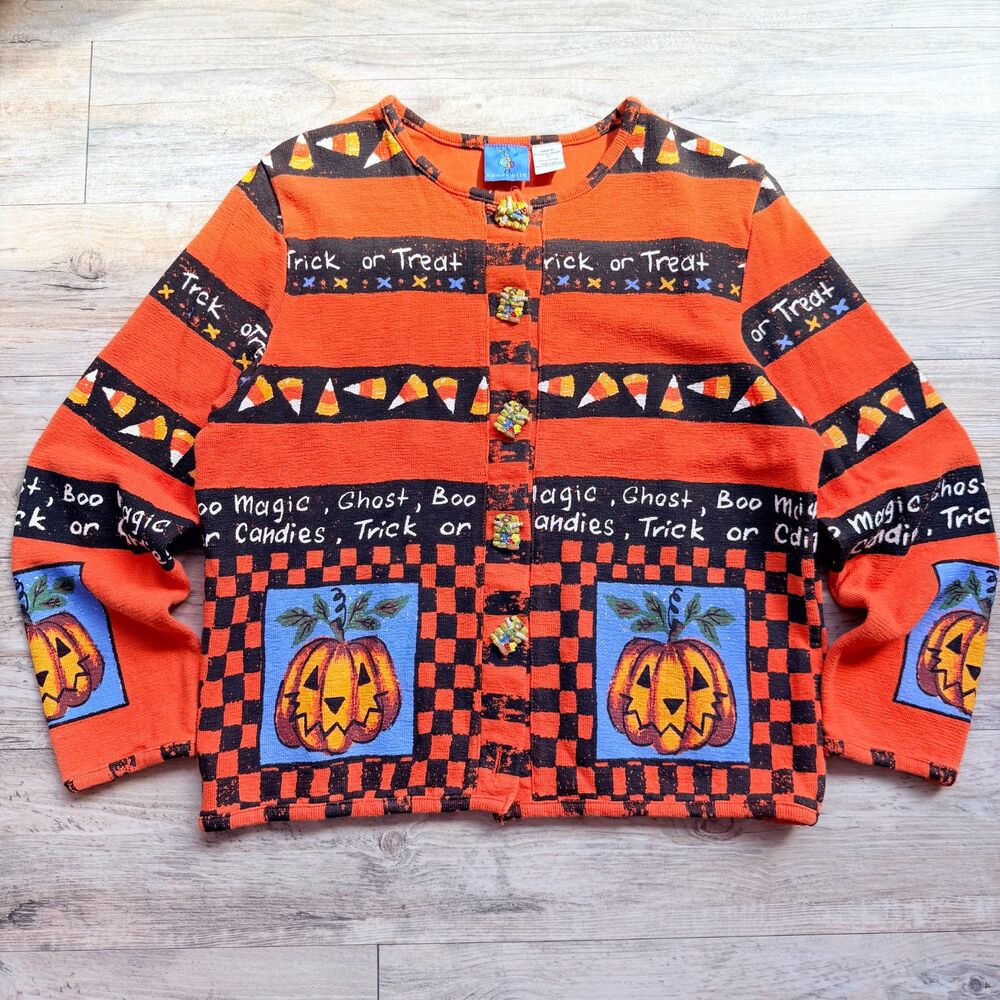 Vintage Halloween Sweater Cardigan Medium Pumpkin Candy Corn Trick or Treat 90s